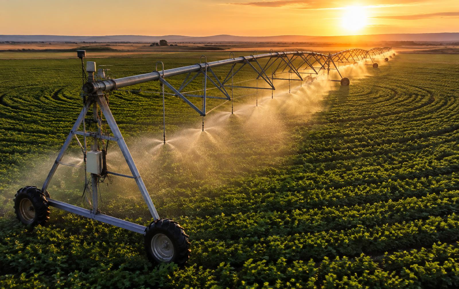 Centre pivot irrigating a circular crop field at sunset